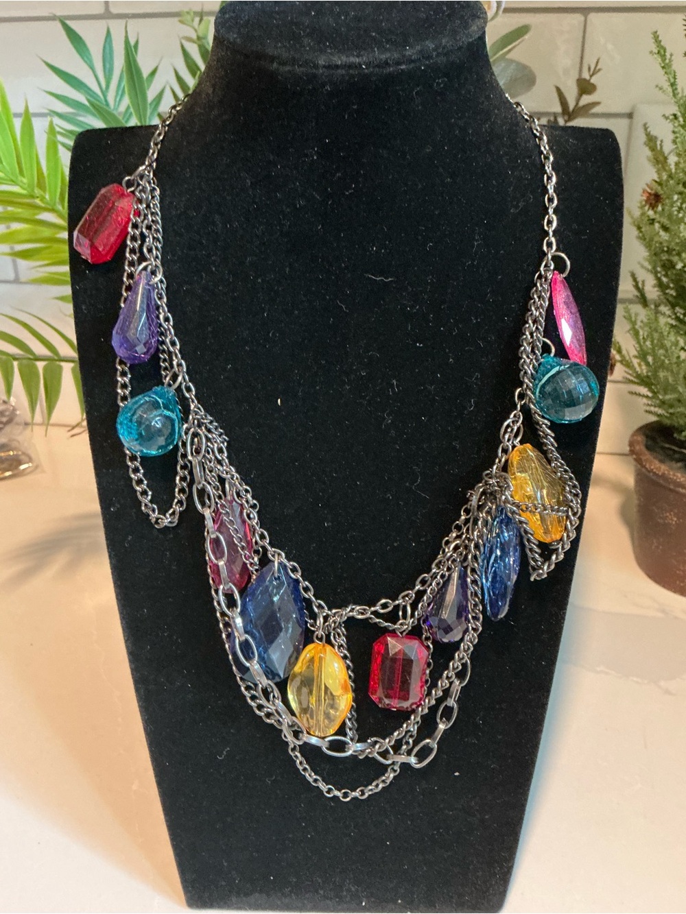 Multicolor Faceted Glass Pendant Multi-Chain Necklace - Women Jewelry